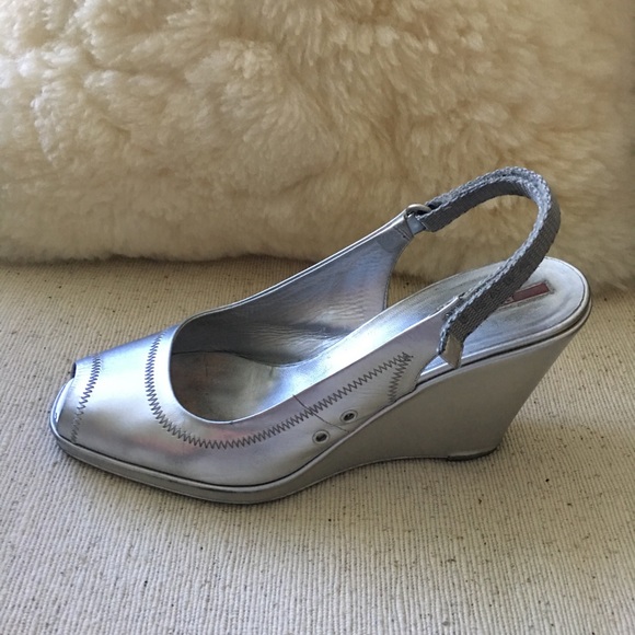 Silver Prada open- toed wedged sling- back - Picture 4 of 7